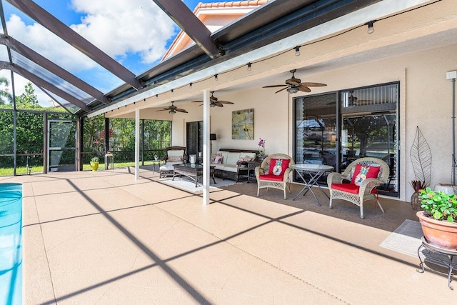 11217 Island Lakes Ln, Boca Raton, FL 33498 - view of patio / terrace featuring ceiling fan, glass enclosure, and an outdoor hangout area