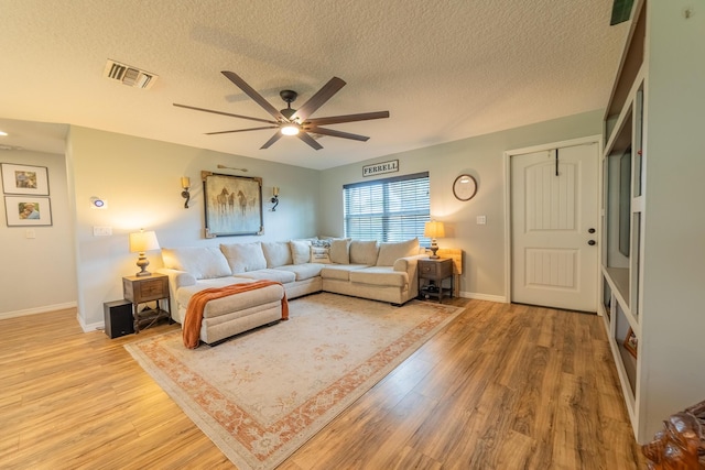 2675 SW 24th Ave, Okeechobee, FL 34974 - living room with a textured ceiling, light wood-type flooring, ceiling fan, and baseboards