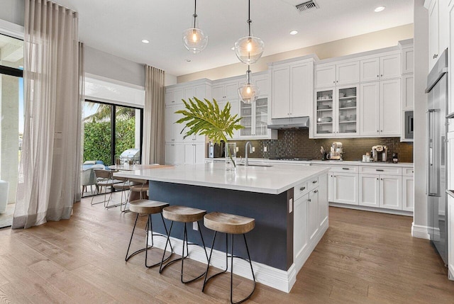 kitchen with a sink, light countertops, white cabinetry, under cabinet range hood, and visible vents