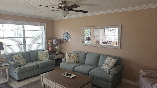 880 Horizons W Unit 112, Boynton Beach, FL 33435 - living area with light tile patterned floors, ornamental molding, ceiling fan, and a textured ceiling