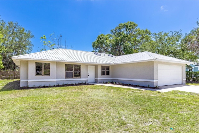 view of front facade featuring a garage, a front yard, and stucco siding