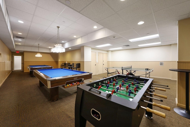 1370 S Ocean Blvd Unit 1808, Pompano Beach, FL 33062 - game room featuring carpet floors, wainscoting, a drop ceiling, pool table, and recessed lighting