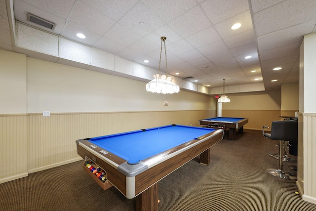 1370 S Ocean Blvd Unit 1808, Pompano Beach, FL 33062 - game room featuring carpet floors, pool table, a wainscoted wall, a paneled ceiling, and recessed lighting