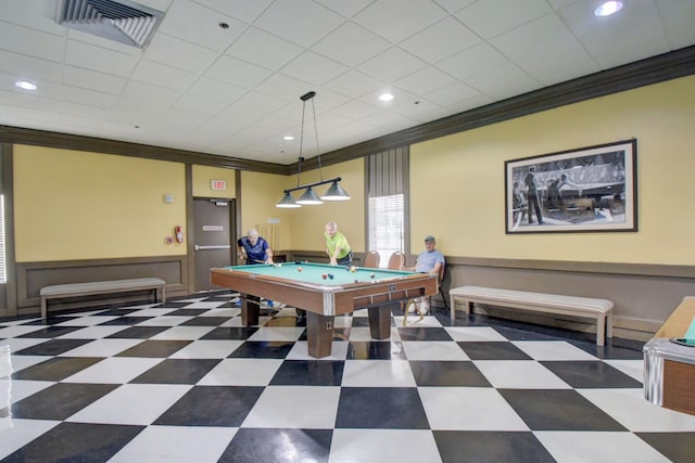 game room with crown molding, a paneled ceiling, billiards, visible vents, and recessed lighting