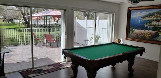 rec room featuring ceiling fan, baseboards, and pool table