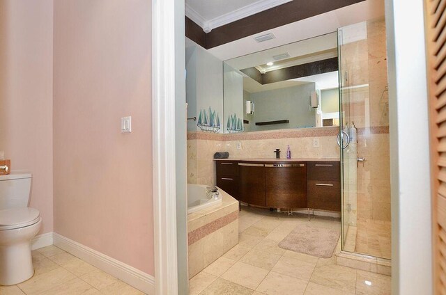 283 NE Sagamore Terrace, Port Saint Lucie, FL 34983 - full bath with a stall shower, toilet, ornamental molding, vanity, and tile patterned flooring