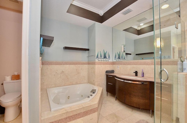 283 NE Sagamore Terrace, Port Saint Lucie, FL 34983 - full bath with visible vents, a stall shower, ornamental molding, a tub with jets, and vanity