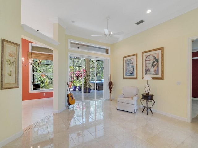sitting room featuring ceiling fan, visible vents, baseboards, recessed lighting, and light tile patterned flooring