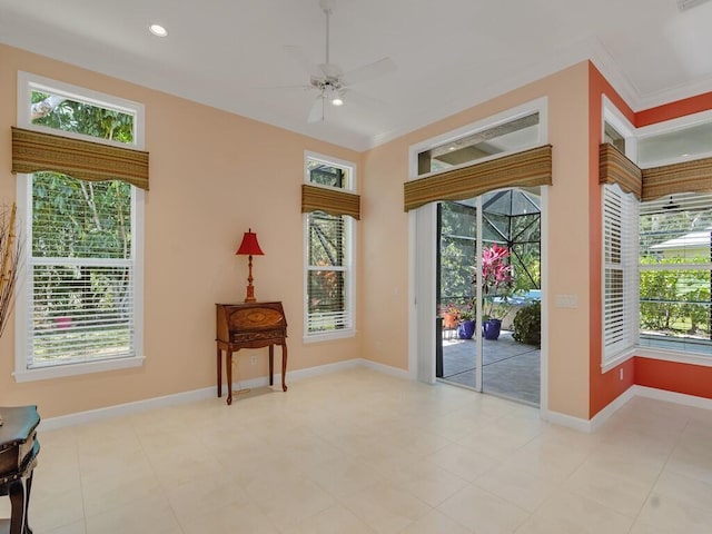 doorway to outside with crown molding, baseboards, a ceiling fan, and recessed lighting