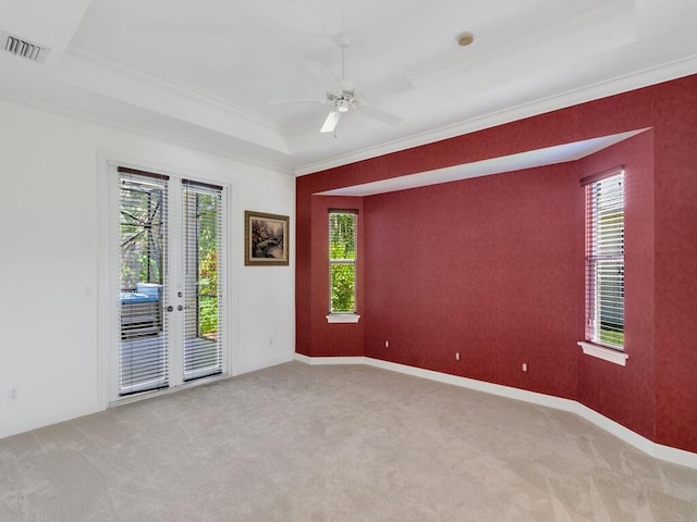 spare room featuring visible vents, a tray ceiling, light carpet, and a healthy amount of sunlight