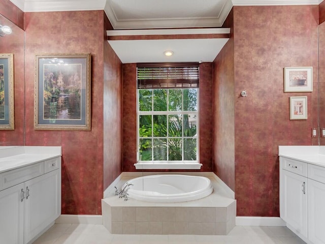full bathroom featuring crown molding, tile patterned flooring, vanity, baseboards, and a garden tub