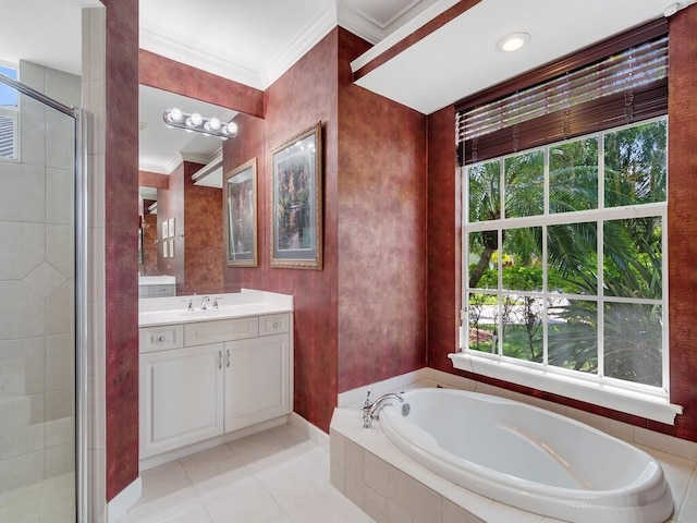 full bathroom with crown molding, vanity, tile patterned floors, a shower stall, and a garden tub