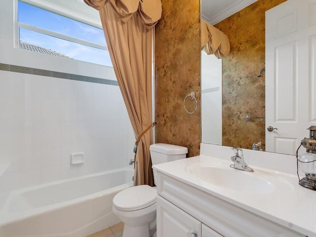 full bathroom with vanity, shower / bathtub combination with curtain, and toilet