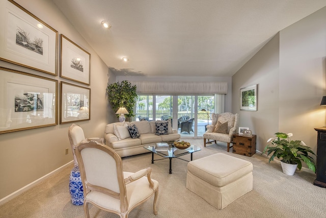 living room with vaulted ceiling, carpet, baseboards, and recessed lighting