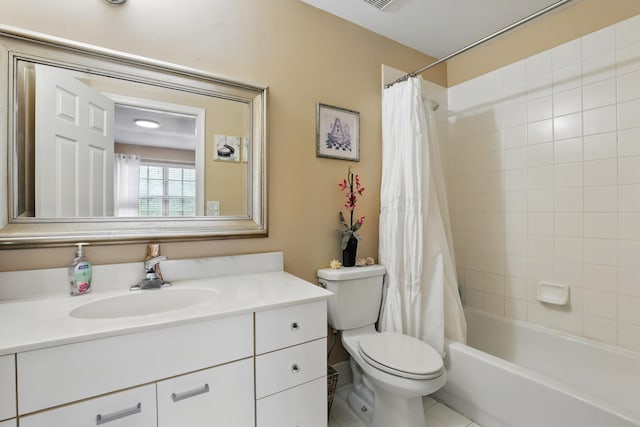 bathroom with shower / bath combo, tile patterned flooring, toilet, and vanity