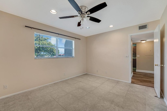 176 Lake Carol Dr, West Palm Beach, FL 33411 - empty room with light tile patterned floors, ceiling fan, baseboards, visible vents, and recessed lighting