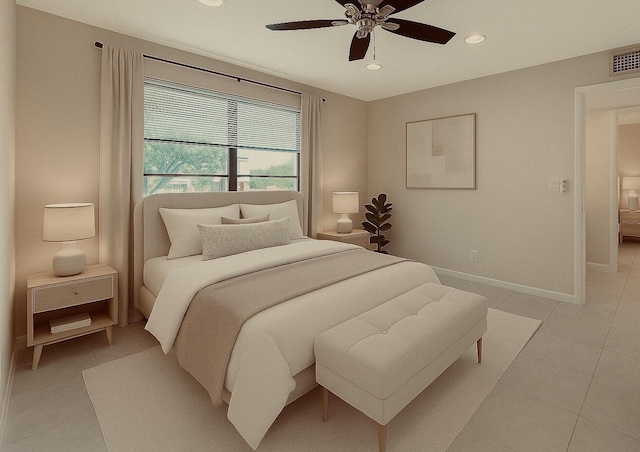 176 Lake Carol Dr, West Palm Beach, FL 33411 - bedroom featuring recessed lighting, visible vents, a ceiling fan, light tile patterned floors, and baseboards
