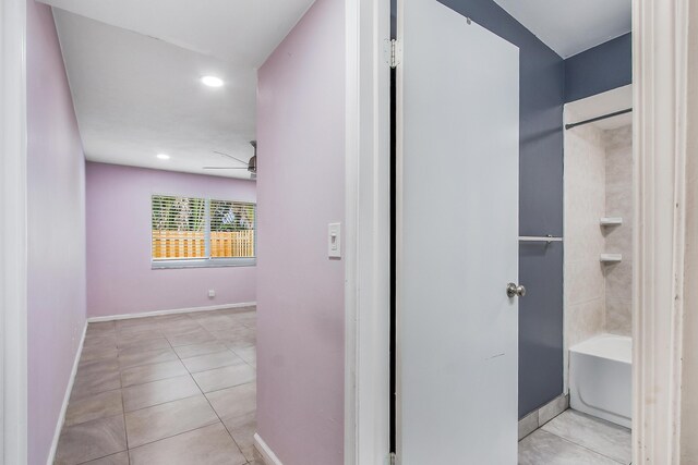 full bathroom with  shower combination, ceiling fan, baseboards, tile patterned flooring, and recessed lighting