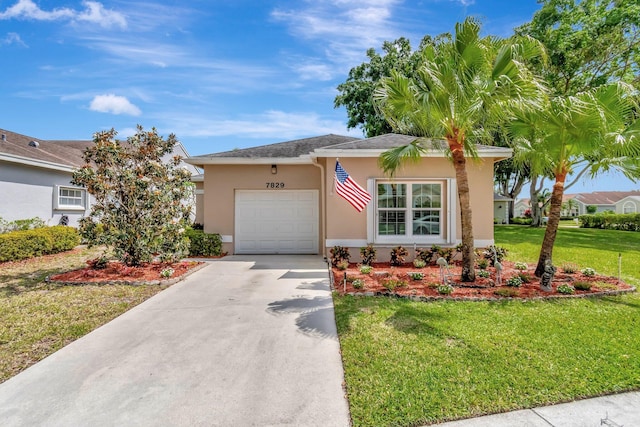 7829 Mansfield Hollow Rd, Delray Beach, FL 33446 - ranch-style house featuring a garage, a front lawn, concrete driveway, and stucco siding