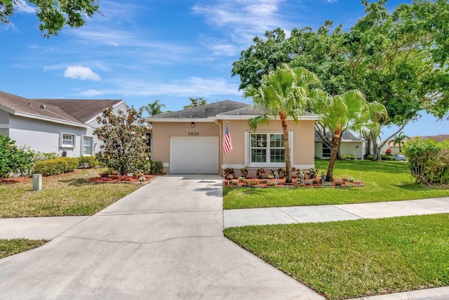 7829 Mansfield Hollow Rd, Delray Beach, FL 33446 - ranch-style home featuring an attached garage, concrete driveway, a front yard, and stucco siding