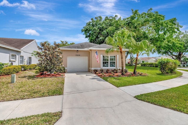 7829 Mansfield Hollow Rd, Delray Beach, FL 33446 - ranch-style home featuring a garage, stucco siding, a front yard, and concrete driveway
