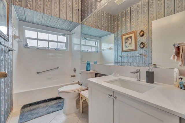 7829 Mansfield Hollow Rd, Delray Beach, FL 33446 - bathroom with tile patterned floors,  shower combination, toilet, wallpapered walls, and vanity