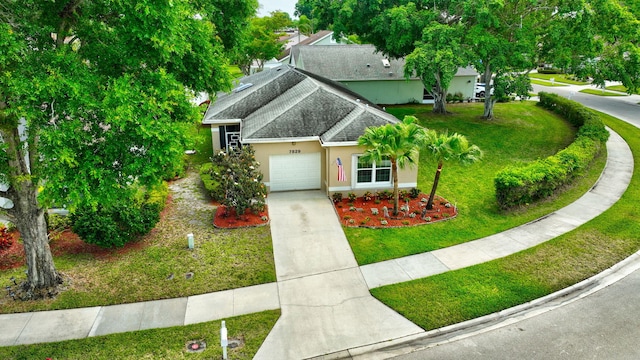 7829 Mansfield Hollow Rd, Delray Beach, FL 33446 - view of front facade with a front lawn, driveway, an attached garage, stucco siding, and roof with shingles