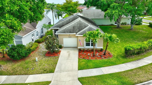 7829 Mansfield Hollow Rd, Delray Beach, FL 33446 - view of front of home featuring a shingled roof, a front lawn, stucco siding, an attached garage, and driveway