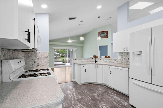 kitchen with a sink, decorative backsplash, white appliances, white cabinetry, and light countertops
