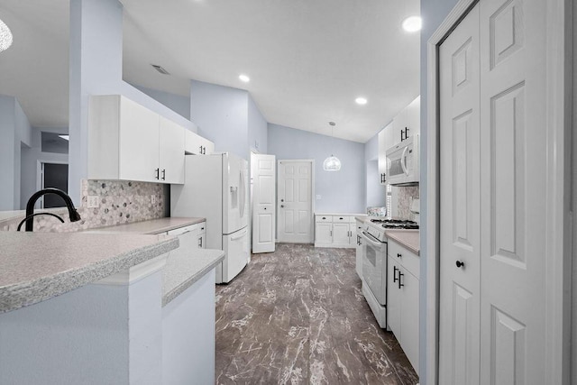 kitchen featuring marble finish floor, white cabinetry, decorative backsplash, and white appliances