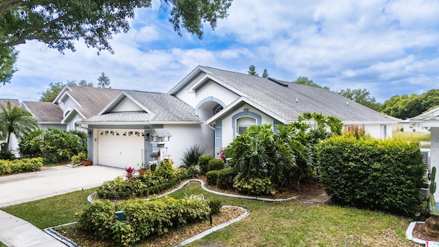 ranch-style house featuring stucco siding, a front lawn, driveway, and an attached garage