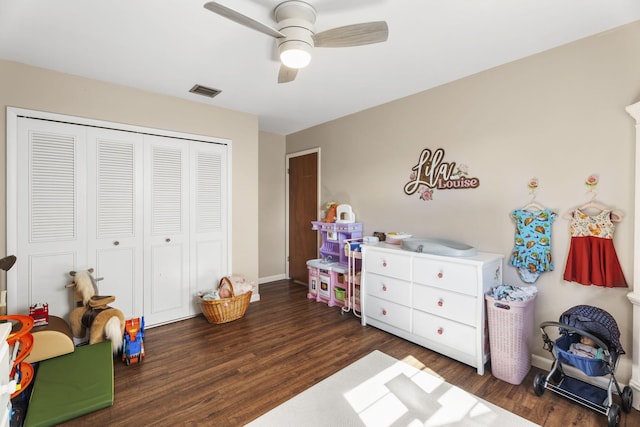 1728 SE Harrison St, Stuart, FL 34997 - rec room featuring baseboards, a ceiling fan, dark wood finished floors, and visible vents