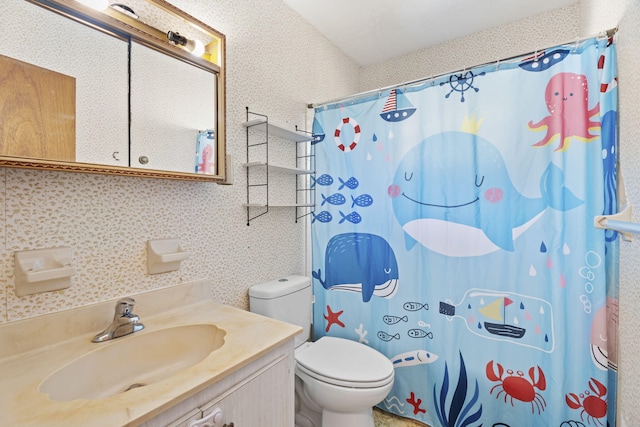 1728 SE Harrison St, Stuart, FL 34997 - full bath with vanity, wallpapered walls, toilet, and curtained shower