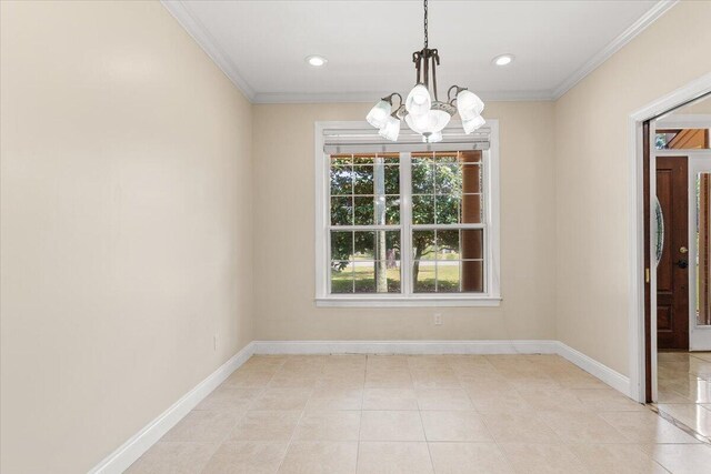 unfurnished dining area with crown molding, baseboards, a chandelier, and light tile patterned floors