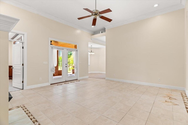 empty room with crown molding, baseboards, ceiling fan with notable chandelier, and light tile patterned flooring