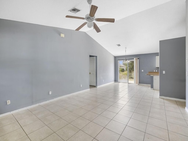 7745 99th Ct, Vero Beach, FL 32967 - unfurnished living room featuring light tile patterned floors, vaulted ceiling, ceiling fan, baseboards, and visible vents
