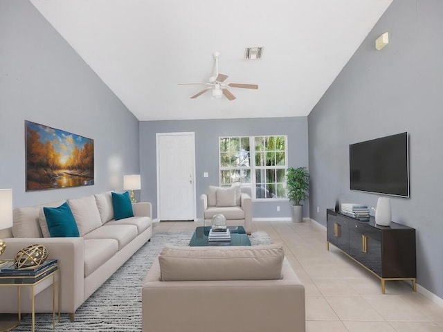 7745 99th Ct, Vero Beach, FL 32967 - living room featuring ceiling fan, baseboards, visible vents, light tile patterned flooring, and lofted ceiling