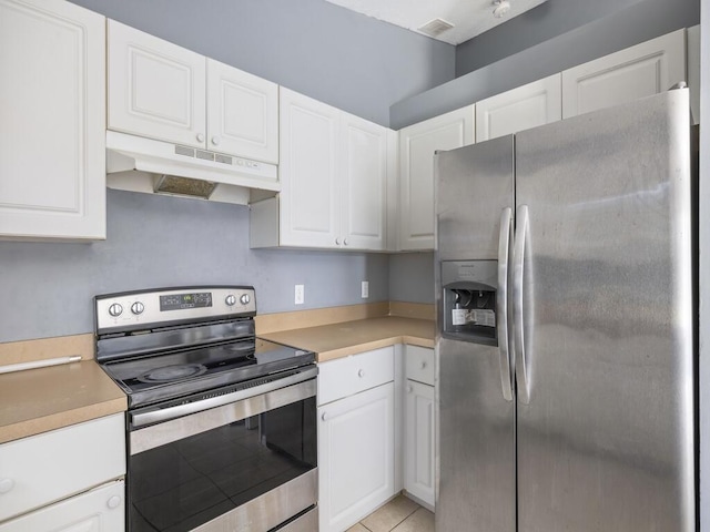 7745 99th Ct, Vero Beach, FL 32967 - kitchen with under cabinet range hood, white cabinets, appliances with stainless steel finishes, and light countertops