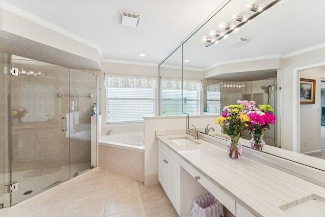 376 SW Quiet Woods, Port Saint Lucie, FL 34953 - bathroom featuring visible vents, tile patterned flooring, double vanity, a sink, and a stall shower