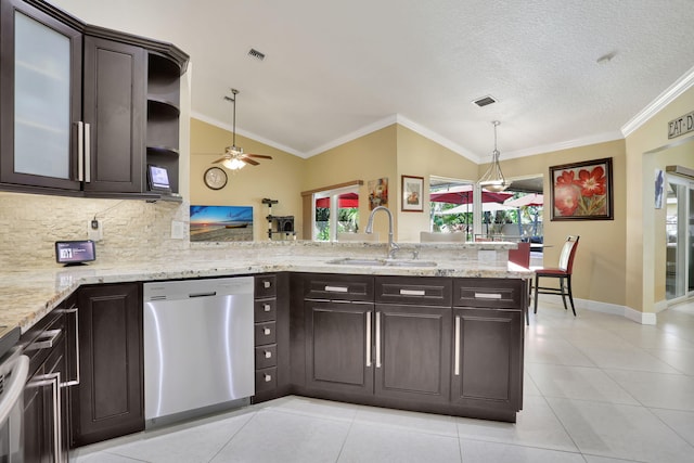 kitchen featuring a sink, visible vents, dark brown cabinets, and dishwasher