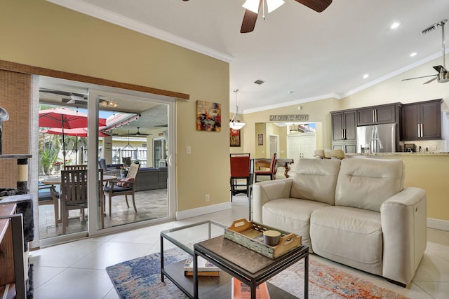 living area featuring visible vents, ornamental molding, baseboards, a ceiling fan, and light tile patterned floors