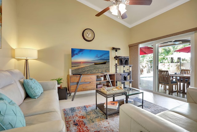 living room with ornamental molding, a ceiling fan, and lofted ceiling
