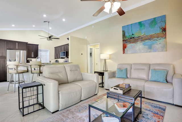 living area featuring crown molding, a ceiling fan, high vaulted ceiling, and recessed lighting