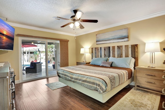 bedroom featuring crown molding, a textured ceiling, dark wood-type flooring, and access to exterior