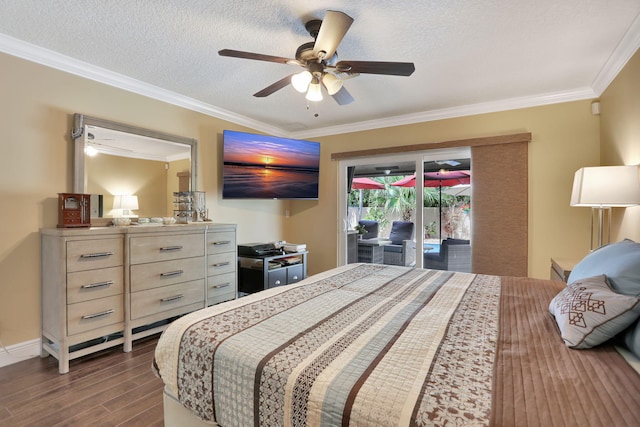 bedroom featuring ornamental molding, access to exterior, a textured ceiling, and dark wood-type flooring