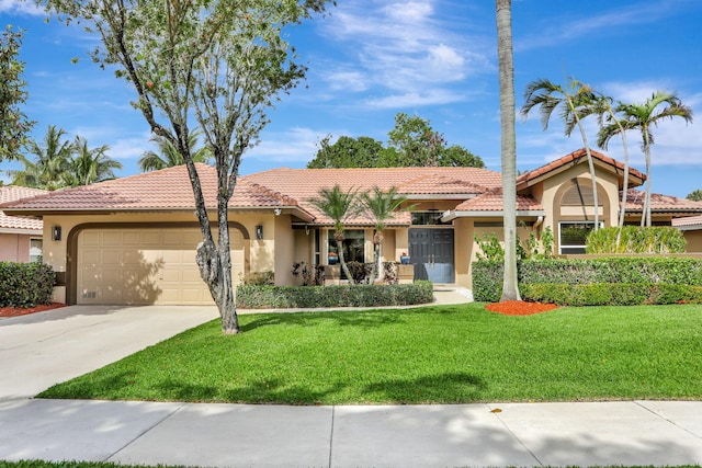 view of front of home featuring stucco siding, an attached garage, driveway, and a tile roof