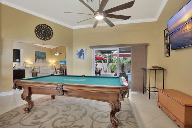 recreation room with light tile patterned floors, billiards, ceiling fan, and crown molding