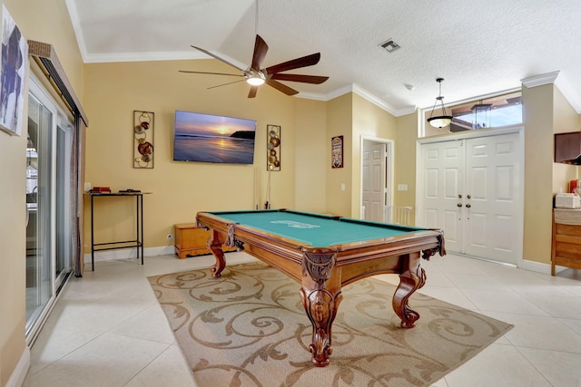 385 NW 37th Way, Deerfield Beach, FL 33442 - rec room with light tile patterned floors, a ceiling fan, crown molding, baseboards, and pool table