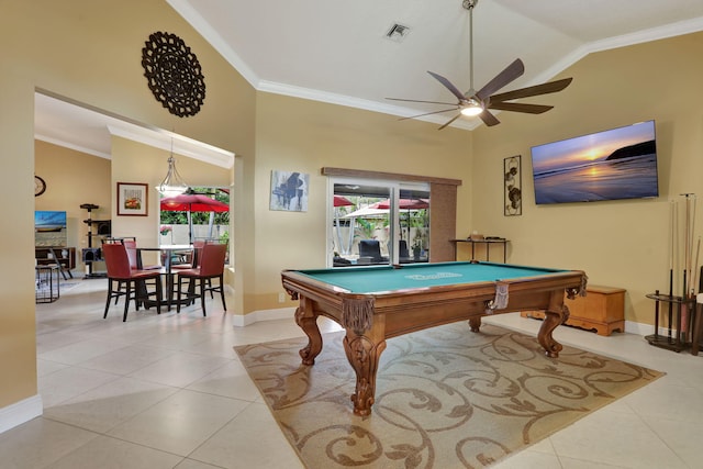 rec room featuring a ceiling fan, visible vents, ornamental molding, and light tile patterned floors