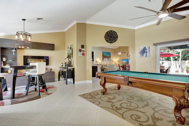 playroom featuring pool table, ornamental molding, a ceiling fan, and tile patterned flooring